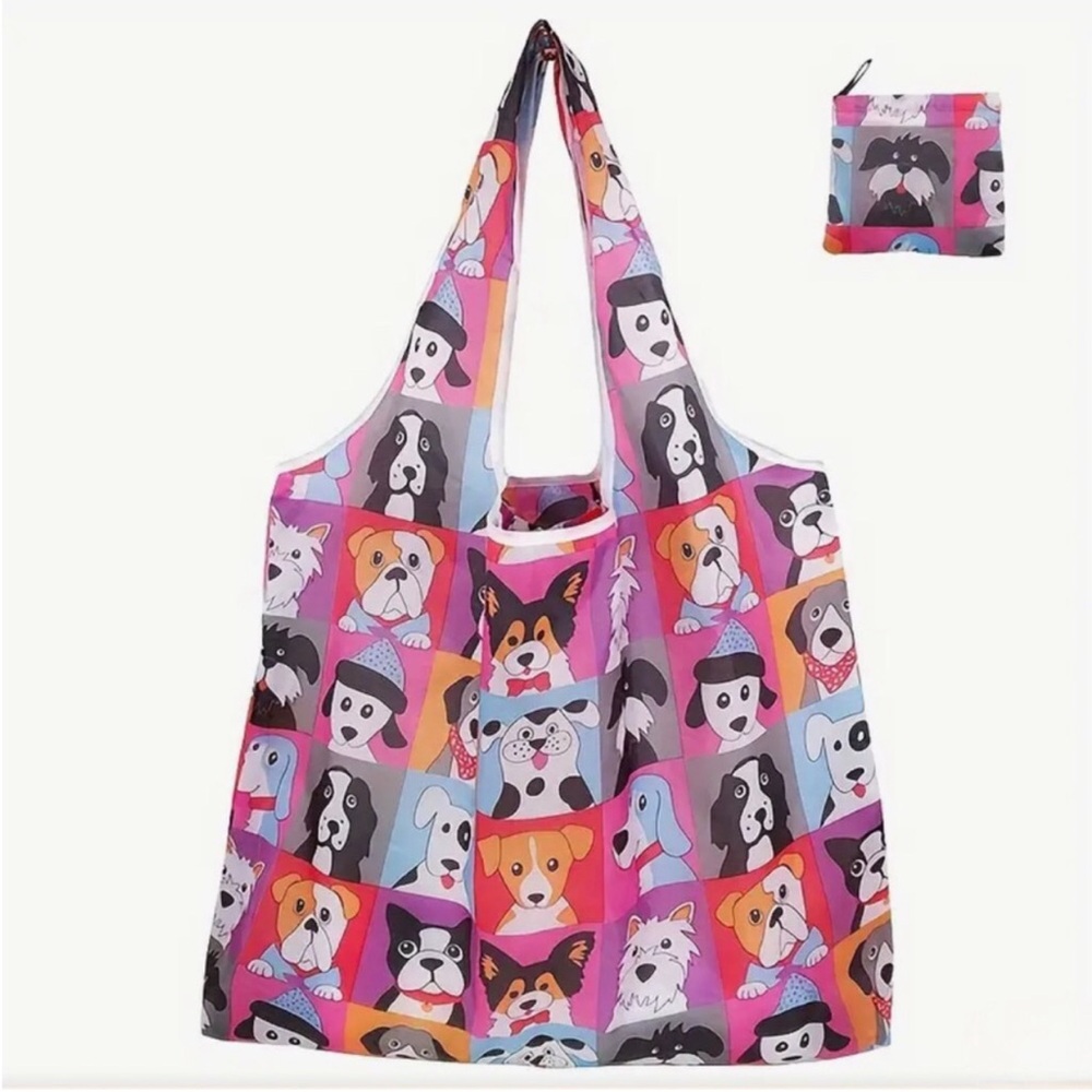 Cartoon Dog Squares Reusable Shoulder Shopping Bag Foldable Tote, Multicolor